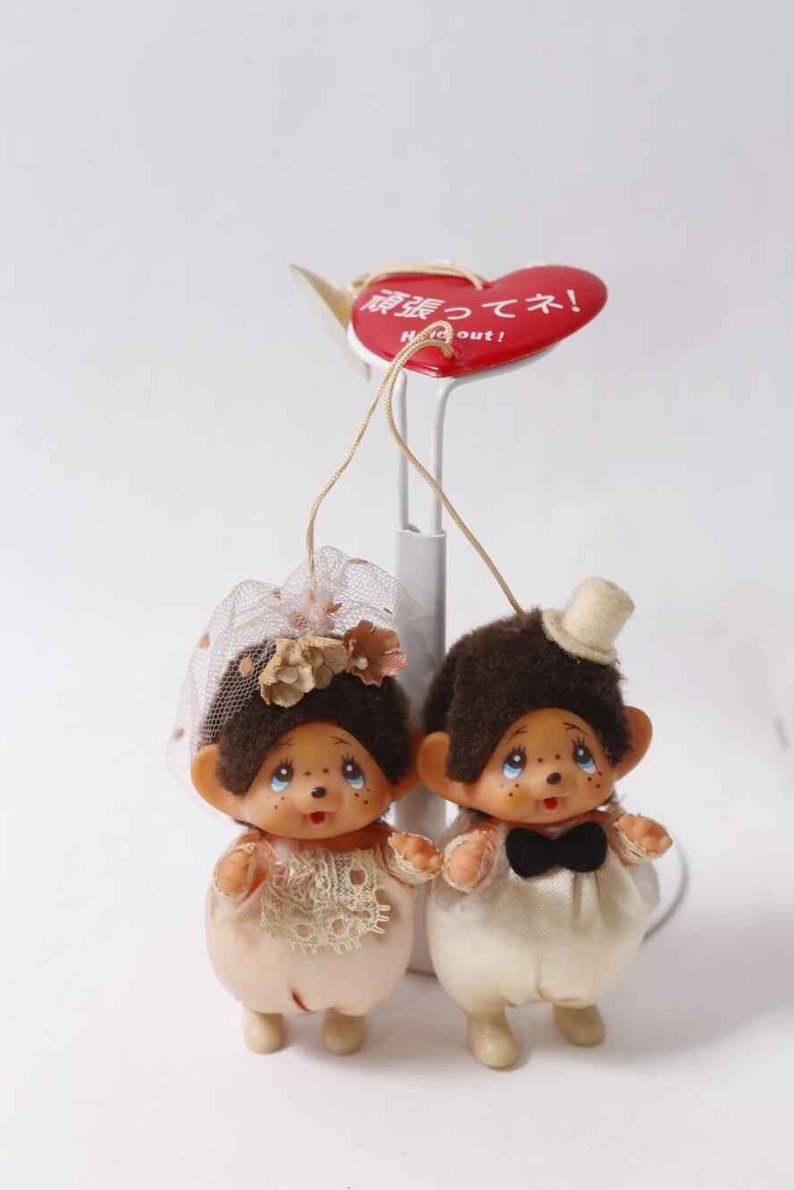 70s Sekiguchi Monchhichi Wedding Mascot Set w Suction Cup Gift Idea ~ 260710-WH